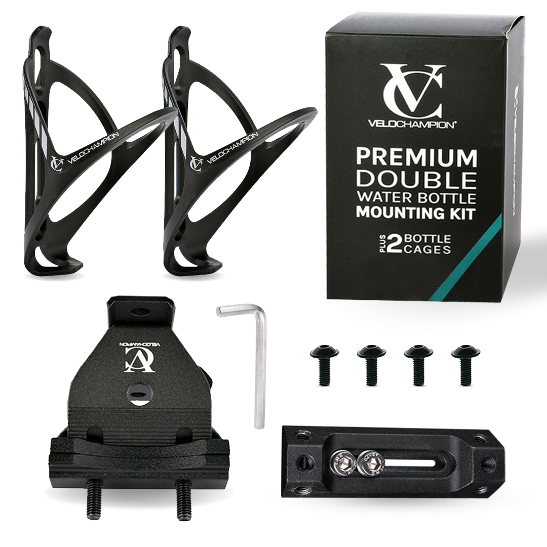 VeloChampion Premium Triathlon Double Bottle Cage Mounting Kit + 2 Cages Ideal for Triathlons, Road and Time Trial Bikes