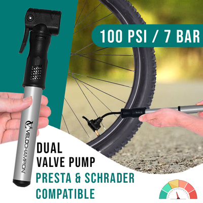 VeloChampion Dual Valve Compact Mini Pump with Aluminium Alloy Barrel.