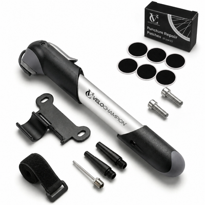 VeloChampion Alloy 7 Mini Bike Pump for Presta, Dunlop & Schrader Valves with Frame Mount Inlcuded_