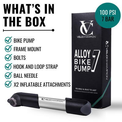 VeloChampion Alloy 7 Mini Bike Pump for Presta, Dunlop & Schrader Valves with Frame Mount Inlcuded