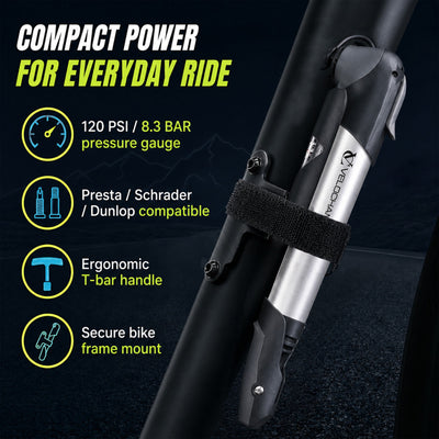 VeloChampion Alloy 9 Bike Pump with Pressure Gauge + T-bar Handle to 120 PSI / 8.3 BAR