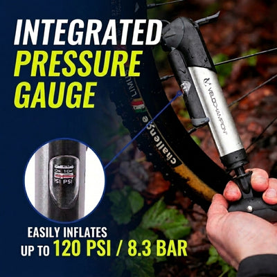 VeloChampion Alloy 9 Bike Pump with Pressure Gauge + T-bar Handle to 120 PSI / 8.3 BAR