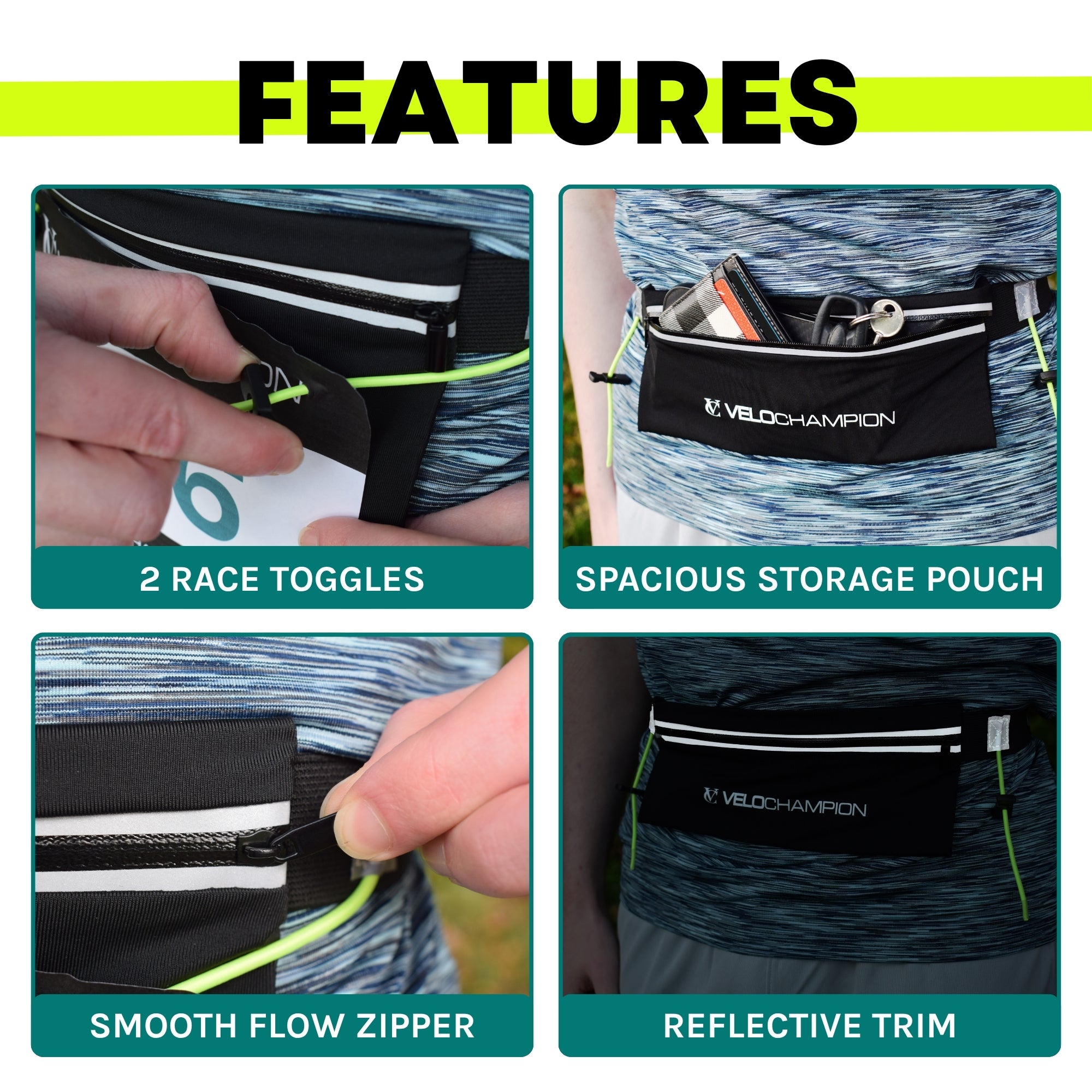 VeloChampion Reflective Running Number Belt Waist Pack Plus Storage Pocket