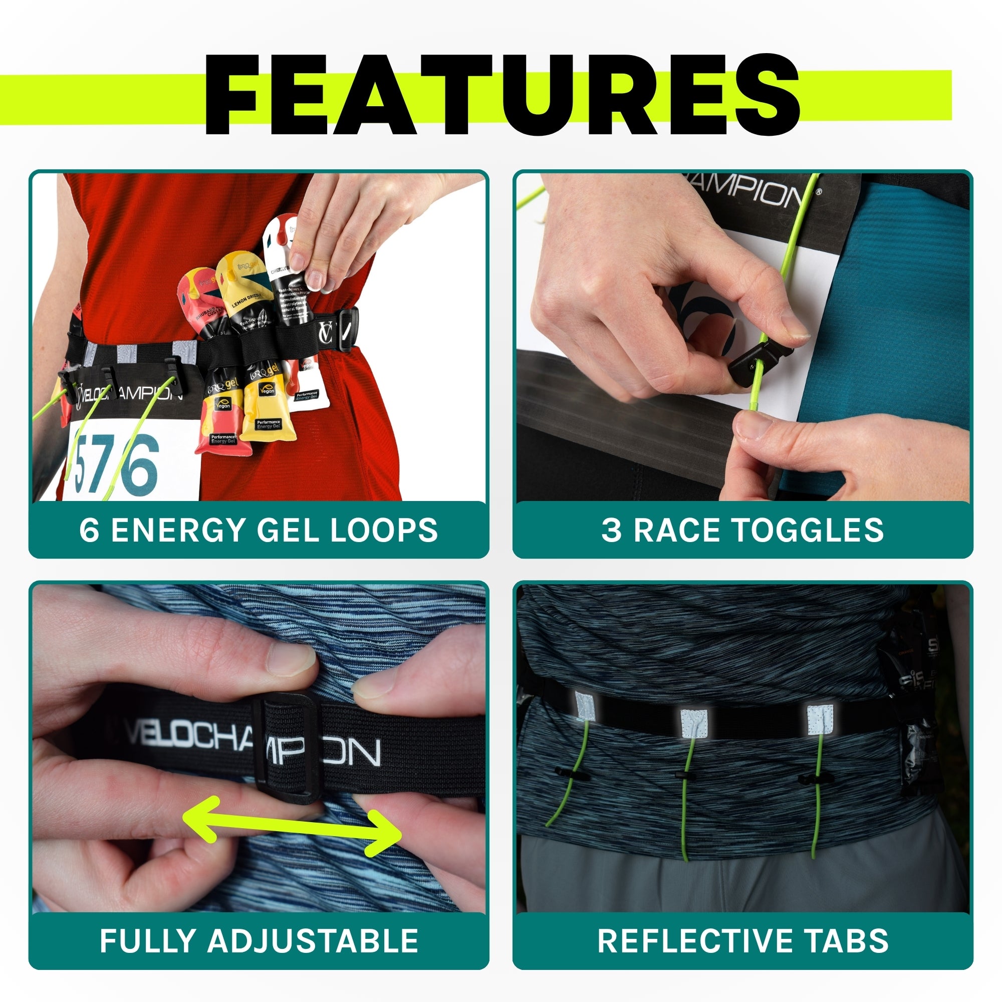 VeloChampion Reflective Running Belt Waist Number Belt | 3 Toggle Gel Holder | Elastic Adjustable Fit with Clip Fastening