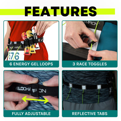 VeloChampion Reflective Running Belt Waist Number Belt | 3 Toggle Gel Holder | Elastic Adjustable Fit with Clip Fastening