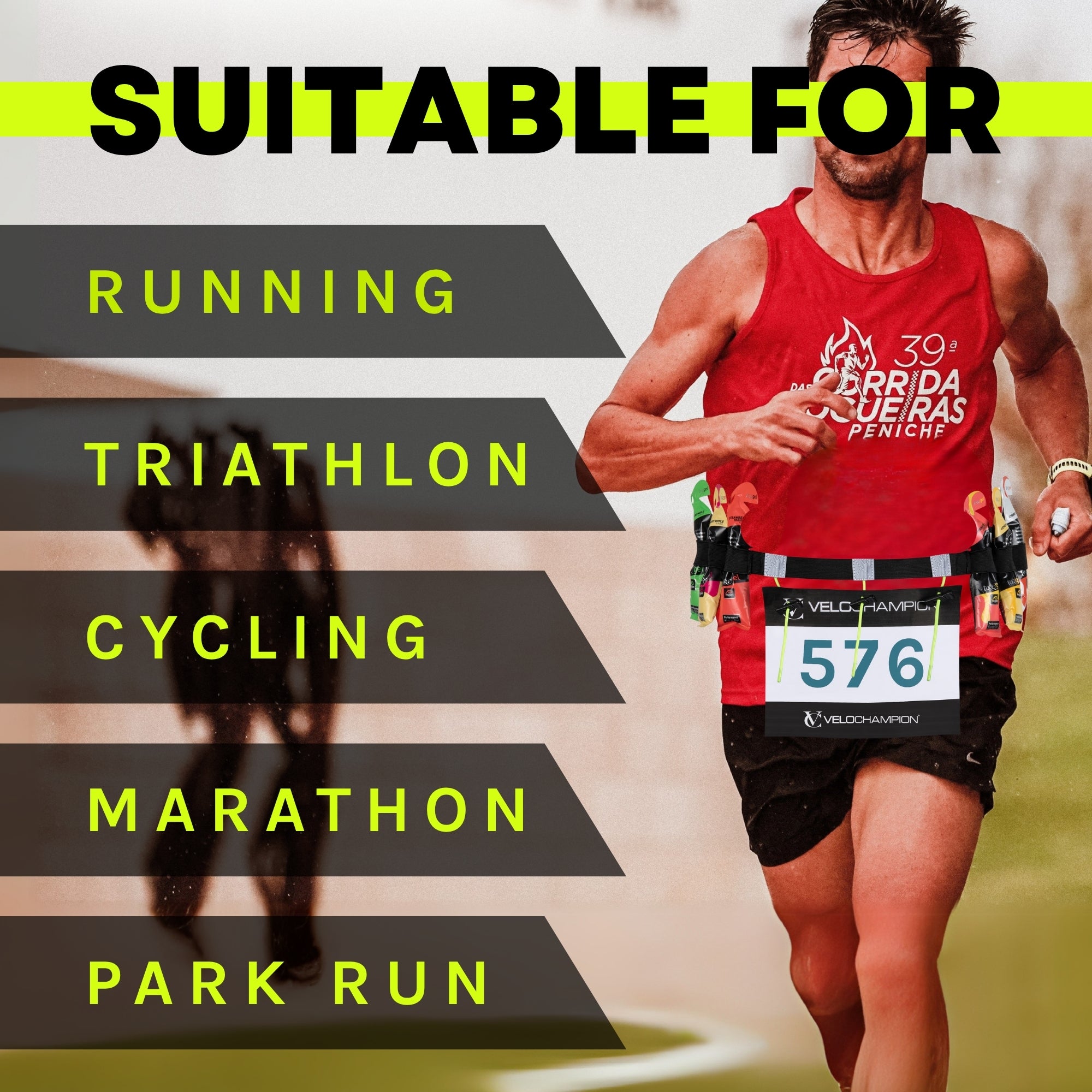 VeloChampion Reflective Running Belt Waist Number Belt | 3 Toggle Gel Holder | Elastic Adjustable Fit with Clip Fastening