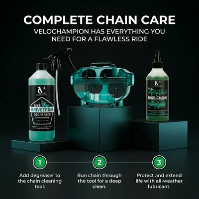 Bike chain lubricant with bike chain cleaning tool and bike drivetrain degreaser for perfect chain cleaning.