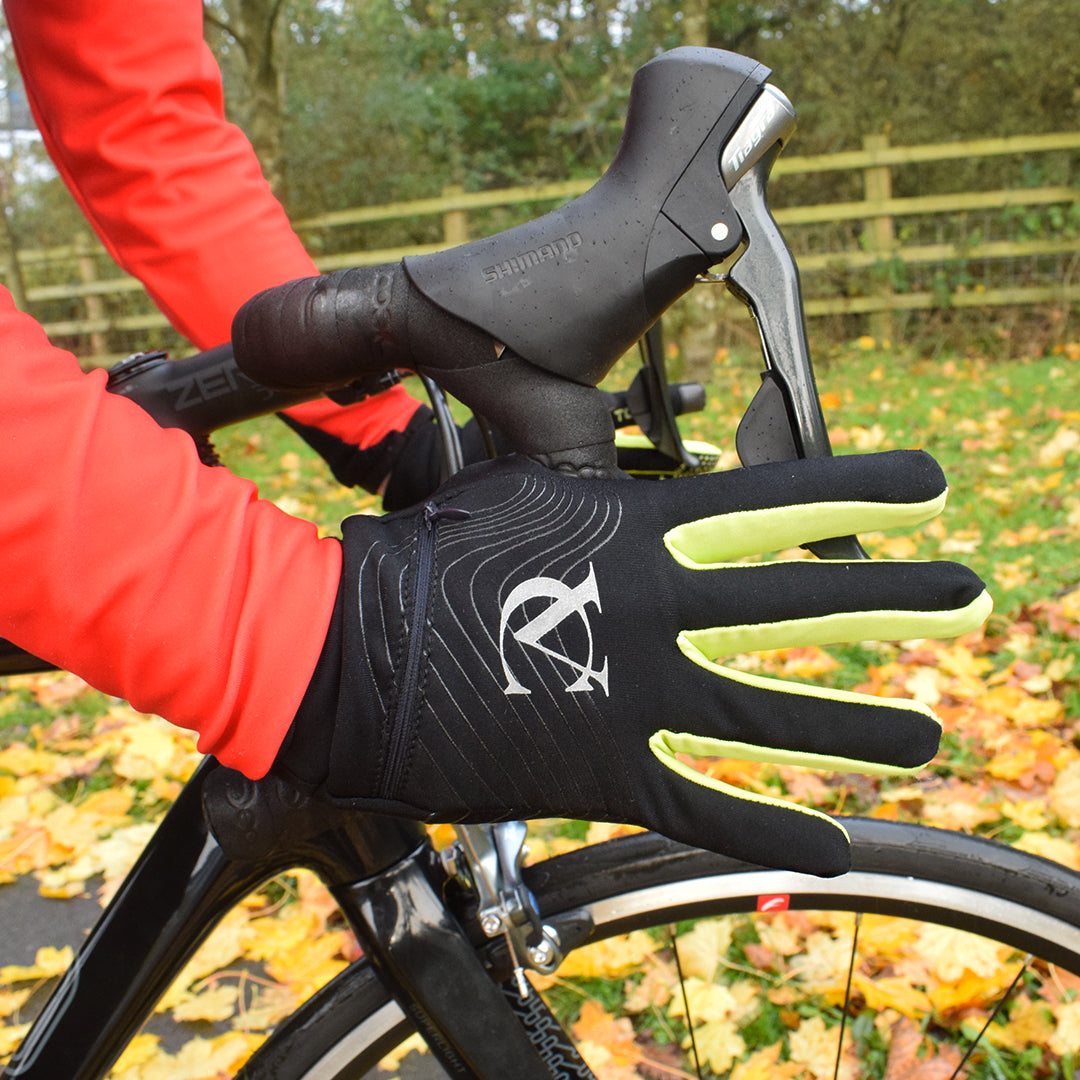 Black/Yellow Windproof Running, Cycling, Hiking Gloves with zip storage  pocket & reflective logo