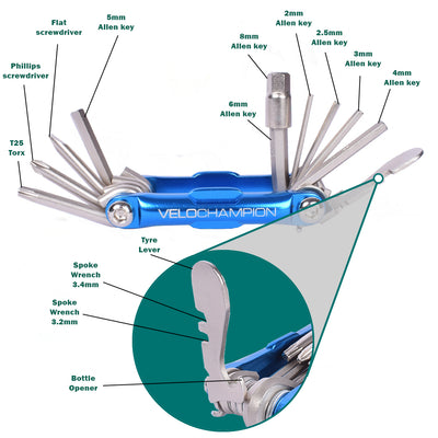 VeloChampion 14 in 1 Blue Multifunctional Bike Repair Cycling Multitool with Storage Case. Compact, Portable and Built To Last